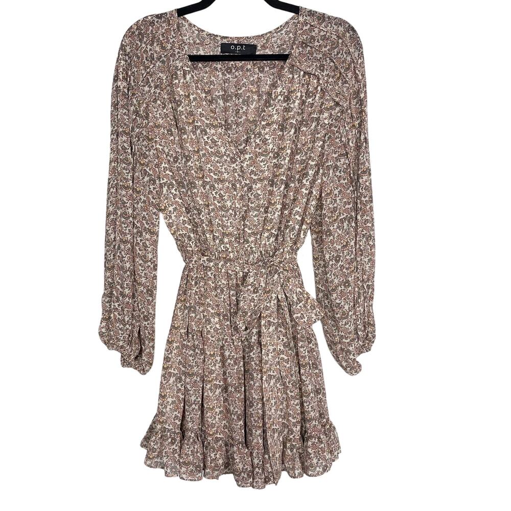 OPT Womens Small S Beige Pink Belted Floral Print Mini Dress Long Sleeve V Neck